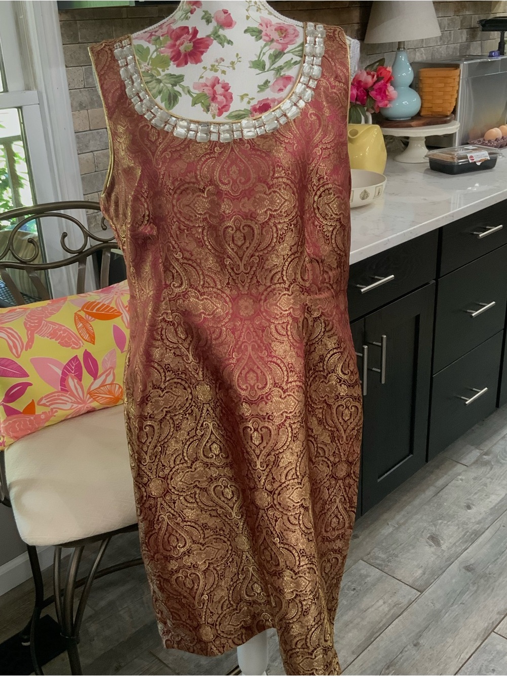 Signature by Robbie Bee Burgundy Gold Jacquard Cocktail Knee Length Dress Sz 14